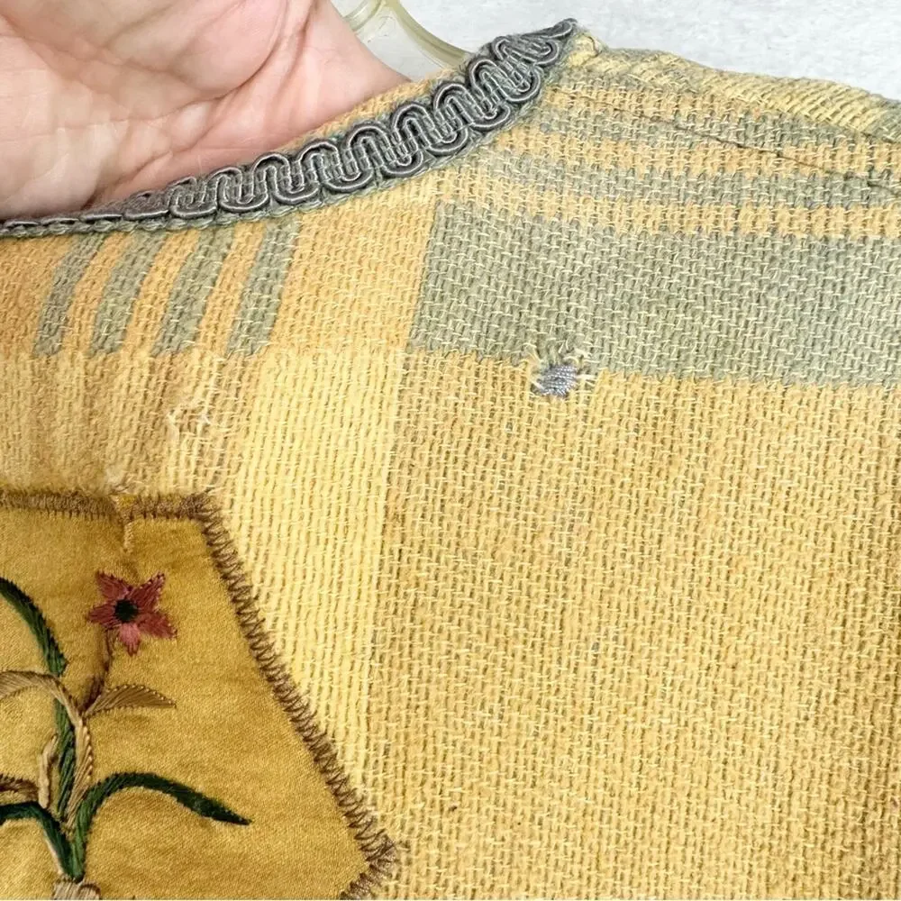 Vintage Artsy Lagenlook Patchwork Knit Single Button Poncho Wrap Shawl Yellow OS